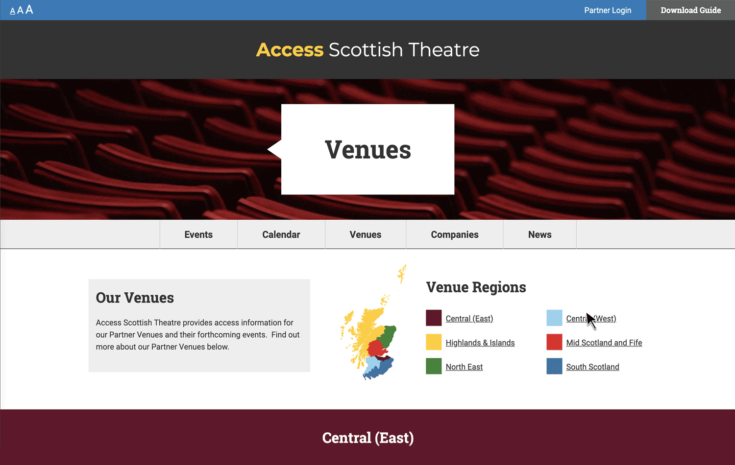 Gif showing the functionality of venues by region for the Access Scottish Theatre website - web design Scotland